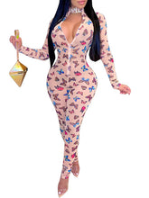 Figurbetonter Jumpsuit mit Schmetterlings-Print und Reißverschluss vorne